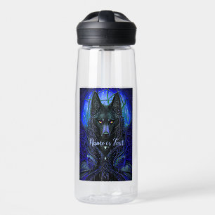 Add Name Text, Black Wolf Dog on Blue     Water Bottle