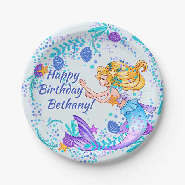 Add Name Text Blonde Mermaid Blue Mauve Aqua Party Paper Plate (Front)