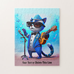 Add Name Text Blue Cat Singer Music Sunglasses Hat Jigsaw Puzzle