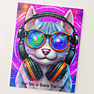 Add Name Text, Blue Pink, Cat Glasses Headphones  Jigsaw Puzzle
