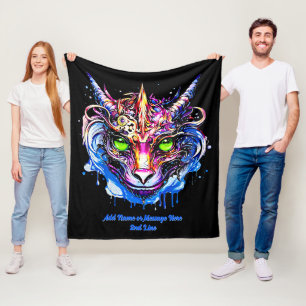 Add Name Text, Blue Pink Fantasy Dragon Green Eyes Fleece Blanket