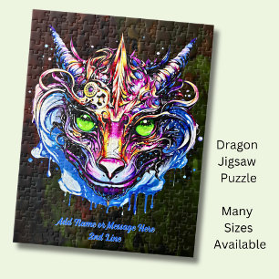 Add Name Text, Blue Pink Fantasy Dragon Green Eyes Jigsaw Puzzle