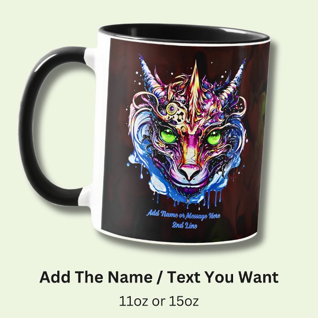 Add Name Text, Blue Pink Fantasy Dragon Green Eyes Mug (Creator Uploaded)