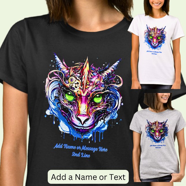 Add Name Text, Blue Pink Fantasy Dragon Green Eyes T-Shirt (Creator Uploaded)