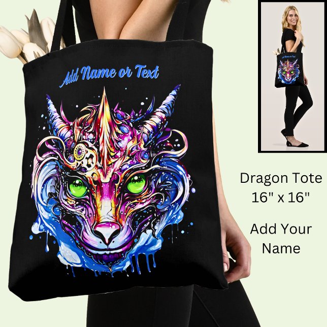 Add Name Text, Blue Pink Fantasy Dragon Green Eyes Tote Bag (Creator Uploaded)