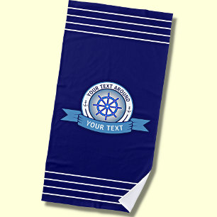Add Name Text, Blue White Nautical Ship Wheel Beach Towel