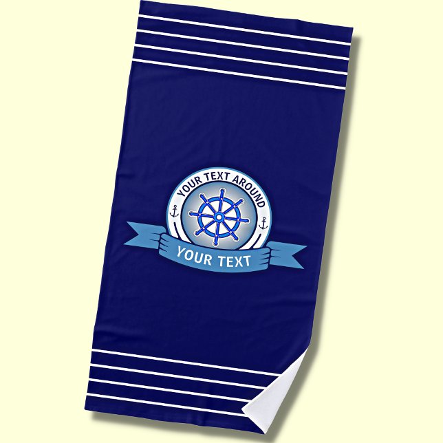 Add Name Text, Blue White Nautical Ship Wheel Beach Towel (Creator Uploaded)