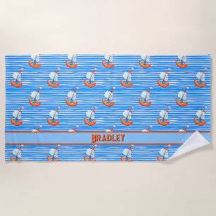 Add Name Text, Blue White Stripes & Sail Boat Beach Towel