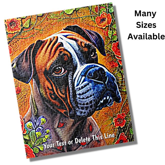 Add Name Text, Boxer Dog with Red Flowers Painting Jigsaw Puzzle (Creator Uploaded)