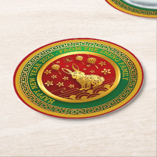 Add Name Text Chinese New Year Green Red Gold  Round Paper Coaster