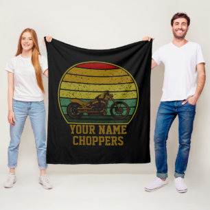Add Name Text Chopper Motorcycle Retro Sunset Fleece Blanket