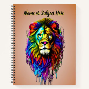 Add Name Text, Colorful Paint Drip Lion Notebook
