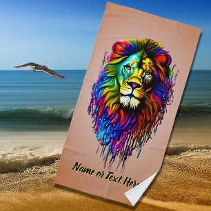 Add Name Text, Colourful Paint Drip Lion    Beach Towel