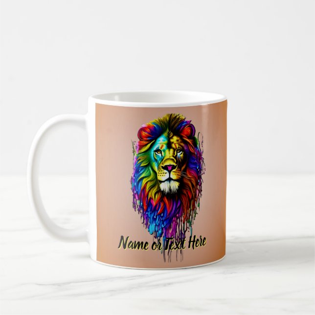 Add Name Text, Colourful Paint Drip Lion  Coffee Mug (Left)