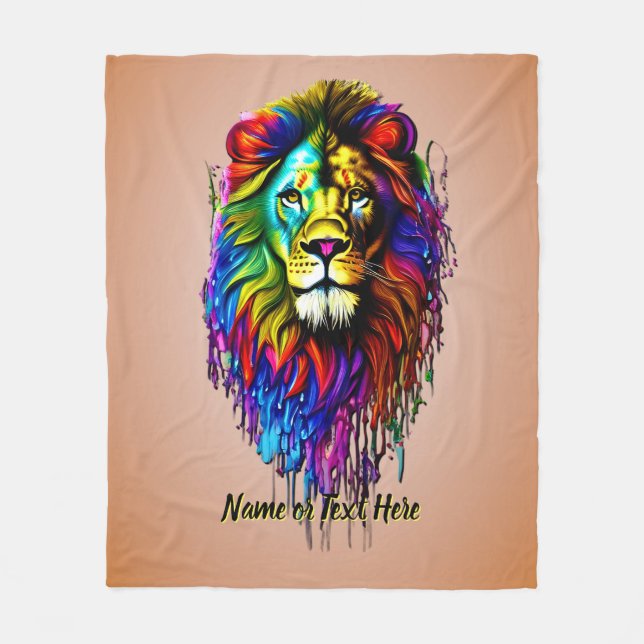 Add Name Text, Colourful Paint Drip Lion  Fleece Blanket (Front)