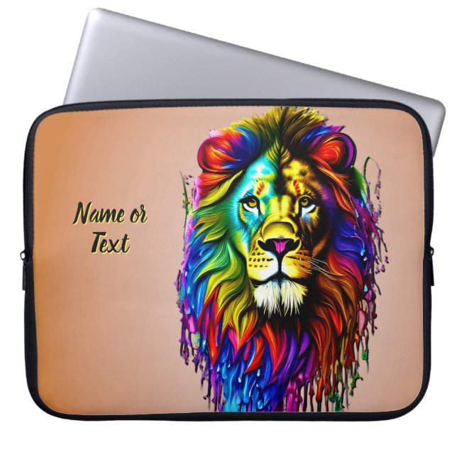 Add Name Text, Colourful Paint Drip Lion Laptop Sleeve (Front)