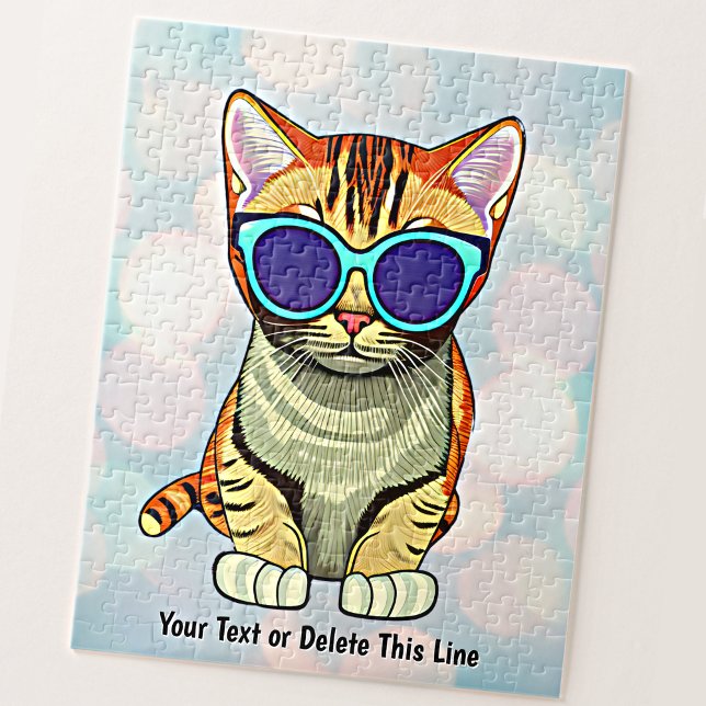 Add Name Text, Cool Cat Sunglasses on Blue White   Jigsaw Puzzle (Creator Uploaded)