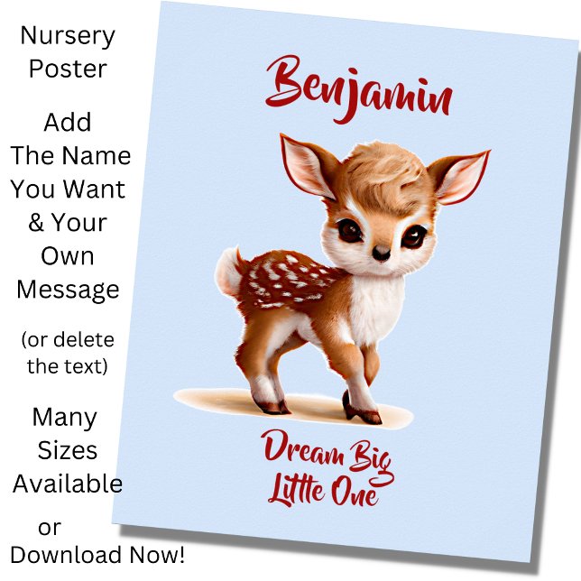 Add Name Text, Cute Fawn - Baby Deer on Blue Poster (Creator Uploaded)