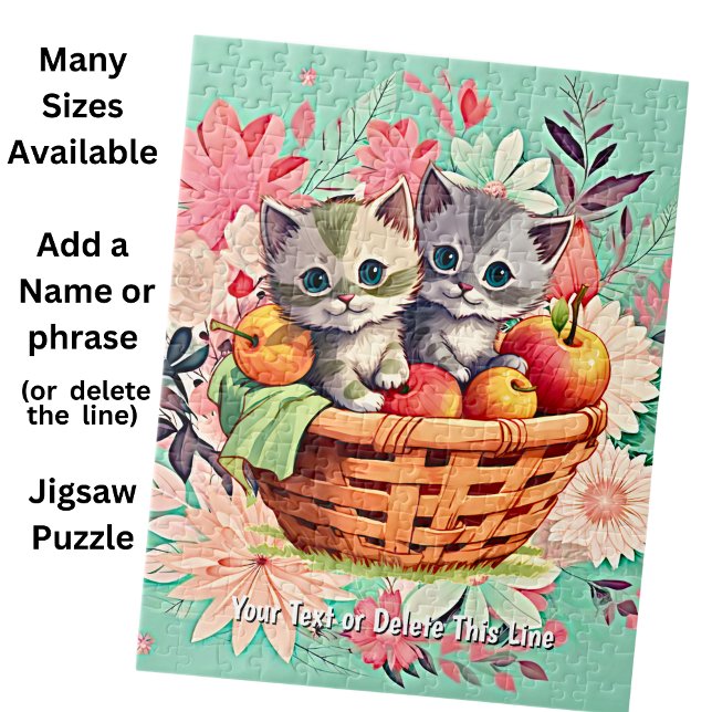 Add Name Text, Cute Kittens in Basket on Floral  Jigsaw Puzzle (Creator Uploaded)