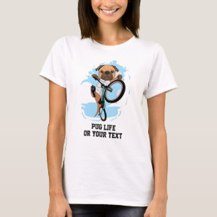 Add Name Text Cute Pug Dog Riding on Bike Bicycle T-Shirt