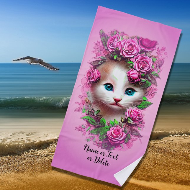 Add Name Text, Cute Shabby Chic Kitten, Pink Roses Beach Towel (Creator Uploaded)
