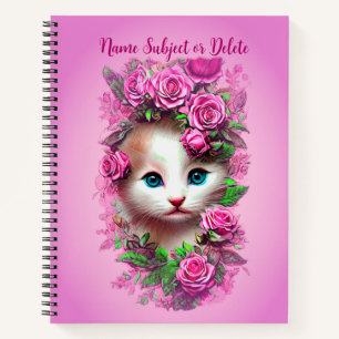 Add Name Text, Cute Shabby Chic Kitten, Pink Roses Notebook