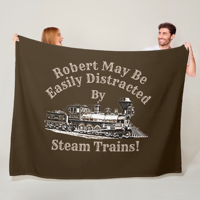 Add Name Text - Easily Distracted By Steam Trains  Fleece Blanket (In Situ)