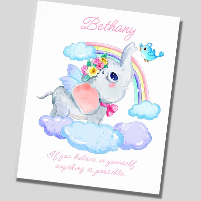 Add Name Text, Flying Elephant & Bluebird Nursery Poster (Creator Uploaded)