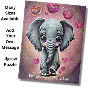 Add Name Text, Gray Baby Elephant with Pink Hearts Jigsaw Puzzle