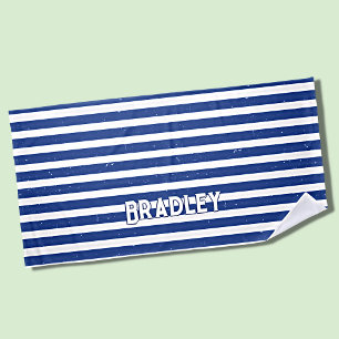 Add Name Text, Grungy Dark Blue White Stripes Beach Towel