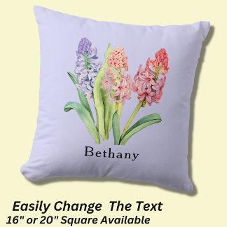 Add Name Text,  Hyacinth Flowers, Pinks & Purples Cushion