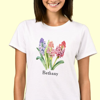 Add Name Text,  Hyacinth Flowers, Pinks & Purples T-Shirt
