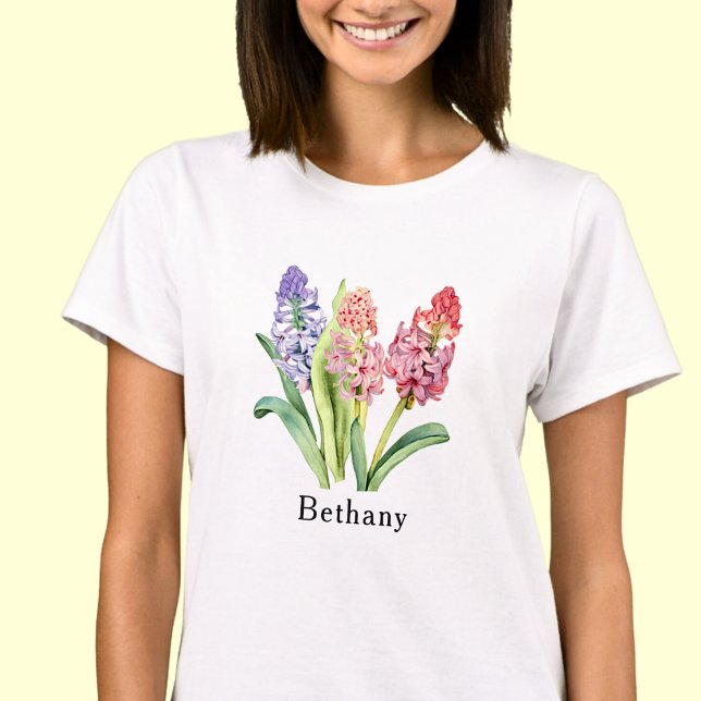 Add Name Text,  Hyacinth Flowers, Pinks & Purples T-Shirt (Creator Uploaded)