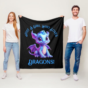 Add Name Text - Just a Girl Who Loves Dragons!    Fleece Blanket