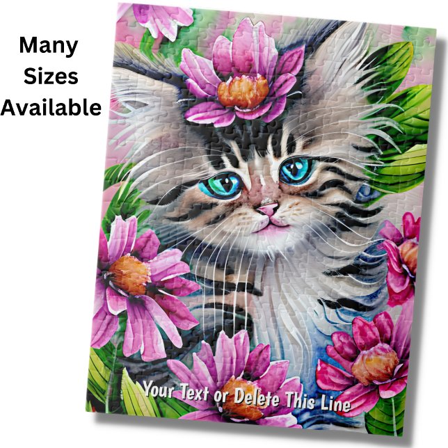 Add Name Text Kitten with Pink Flowers Green Leaf Jigsaw Puzzle (Creator Uploaded)