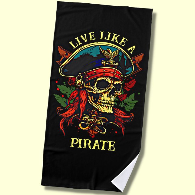 Add Name Text, Live Like A Pirate on Black  Beach  Beach Towel (Creator Uploaded)