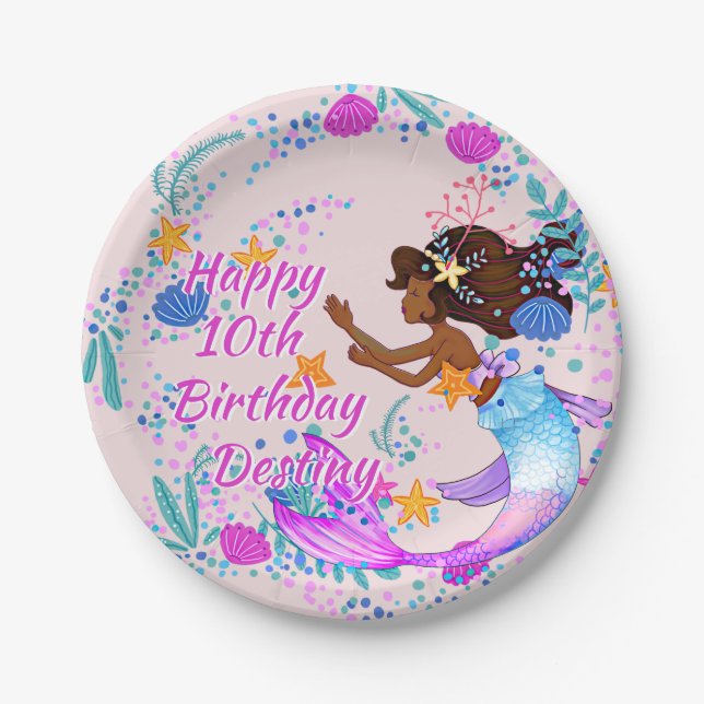 Add Name Text Mermaid Pink Mauve Aqua Party Paper Plate (Front)