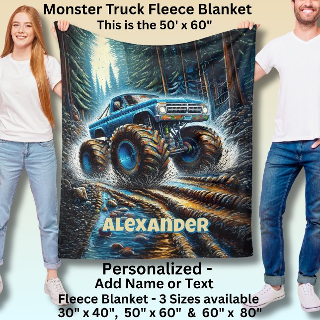 Add Name Text, Monster Truck in Forest Fleece Blanket (Creator Uploaded)