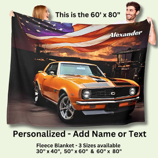 Add Name Text, Orange Muscle Car  Fleece Blanket