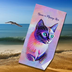 Add Name Text, Pastels Painted Siamese Cat         Beach Towel