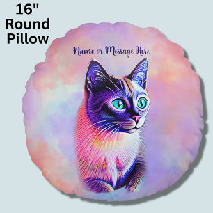 Add Name Text, Pastels Painted Siamese Cat Round Cushion