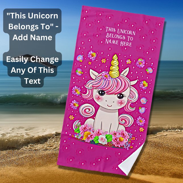 Add Name Text, Pink Baby Unicorn & Stars on Pink Beach Towel (Creator Uploaded)
