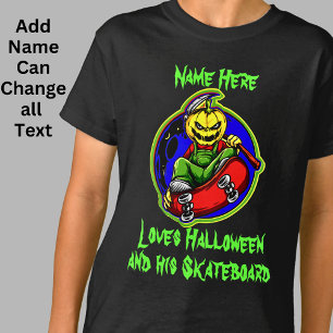 Add Name Text Pumpkin Monster Skateboard Halloween T-Shirt
