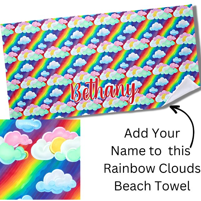 Add Name Text, Rainbow Cotton Candy Clouds Beach Towel (Creator Uploaded)