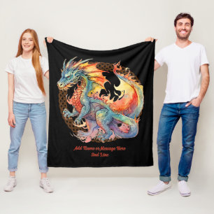 Add Name Text, Rainbow Fire Dragon Fleece Blanket