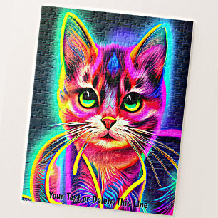Add Name Text, Rainbow Neon Effect Cat Jigsaw Puzzle