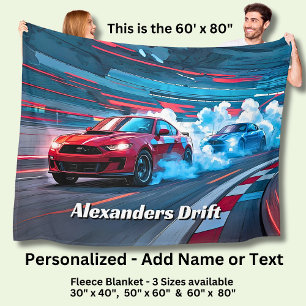 Add Name Text, Red Blue Race Cars Drifting Fleece Blanket