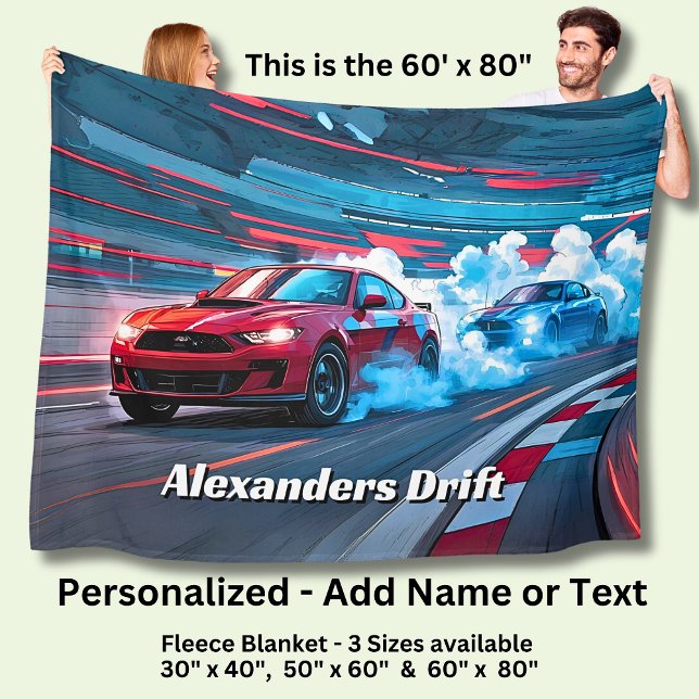Add Name Text, Red Blue Race Cars Drifting Fleece Blanket (Creator Uploaded)