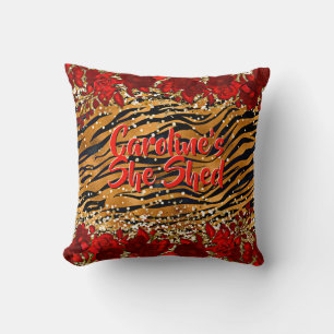 Add Name Text She Shed Tiger Stripes Red Flowers   Cushion