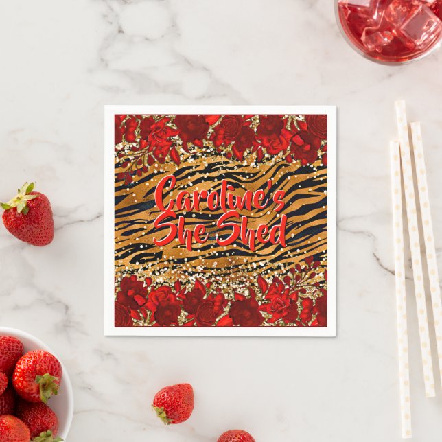 Add Name Text She Shed Tiger Stripes Red Flowers   Napkin (Insitu)